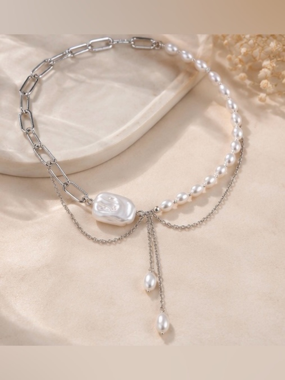 Silver Tone Pearl & Chain Layered Lariat Statement Necklace